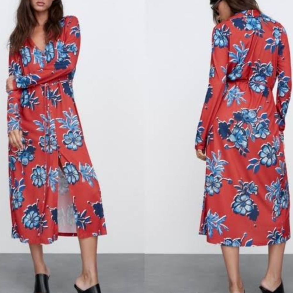 Zara Women's Floral Print Button Front Tie Waist Long Sleeve Midi Dress Large
